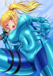 aqua_eyes blonde_hair blush bodysuit breasts cloud commentary covered_navel female gun handgun highres holding holding_gun holding_weapon karinaga_raizan large_breasts looking_at_viewer looking_down metroid paralyzer ponytail round_teeth samus_aran skin_tight sky solo surprised teeth thighs weapon zero_suit zero_suit_samus