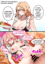 absurdres bikini blonde_hair blue_eyes blush breasts english_text female frilled_bikini frills g36_(girls'_frontline) girls'_frontline half-closed_eyes highres sex swimsuit tears untied_bikini vaginal_penetration