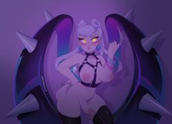 1futa areolae breasts evelynn futa_only futanari glowing glowing_eyes human jojo_haruno k/da_evelynn k/da_series league_of_legends light-skinned_futanari light_skin looking_at_viewer nude pale_skin penis skindentation solo solo_female solo_futa standing succubus thick_thighs thighhighs white_hair