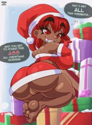 1girls animated anus ass ass_shake barefoot big_ass big_breasts breasts bubble_butt busty christmas clothing dark-skinned_female dark_skin dat_ass dialogue fat_ass female female_only hat huge_ass huge_breasts jiggle jiggling_ass jiggling_breasts large_ass large_breasts looking_at_viewer looking_back melany_(shadowthespirit) no_panties original presents pussy red_eyes red_hair santa_hat shadowthespirit snowman text thick_ass thick_thighs twerking wide_hips