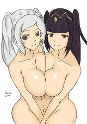 2girls asymmetrical_docking bare_arms black_hair breast_press breasts brown_eyes completely_nude female female_only fire_emblem fire_emblem_awakening grey_hair haruka1556 holding_hands large_breasts long_hair looking_at_viewer multiple_girls nintendo nude nude_female robin_(fire_emblem) robin_(fire_emblem)_(female) smile tharja_(fire_emblem) twintails white_background yuri