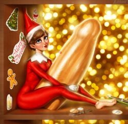 biting_lip blue_eyes brown_hair christmas christmas_elf christmas_hat christmas_lights christmas_outfit dildo elf elf_ears elf_on_the_shelf freckles jojobanks lipstick lipstick_mark looking_at_viewer minigirl pointed_ears santa_hat short_hair tiny tomboy wooden_dildo