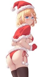 1girls ass black_thighhighs blonde_hair blue_eyes blush breasts christmas_outfit from_behind hololive hololive_english hololive_myth large_breasts looking_back medium_hair red_gloves shironekokfp side-tie_panties sideboob solo virtual_youtuber watson_amelia