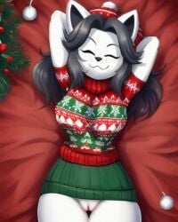 1girls 2d ai_generated anthro arms_behind_head bottomless christmas christmas_clothing christmas_hat christmas_sweater closed_eyes deltarune diplive7 female furry hat pom_poms presenting_pussy pussy smile smiling solo spread_legs temmie temmie_(deltarune) temmie_(undertale) thighs ugly_sweater undertale undertale_(series)