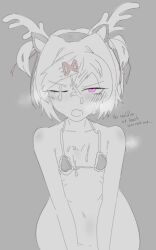 1female 1girls bare_shoulders blush blush_lines blushing bodily_fluids christmas colored_eyes cum cum_on_breasts cum_on_chest cum_on_face doki_doki_literature_club english_text exspiravitbag eye_closed flat_chest flat_chested holidays mouth_open natsuki_(doki_doki_literature_club) one_eye_closed open_mouth pink_eyes semen steam steamy text