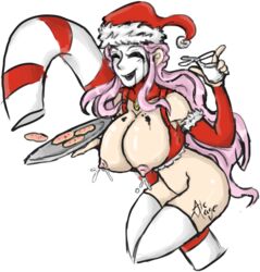 1girls alemage areolae big_breasts breasts candy_cane christmas cookies female female_only happy holidays lactating lactation light-skinned_female light_skin long_hair milk nude pale_skin pink_hair png red_sleeves santa_costume santa_hat scp-035 scp_containment_breach scp_foundation solo thighhighs white_legwear white_thighhighs