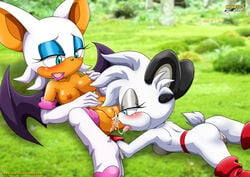 ass barby_koala blush breasts grabbing_own_breast licking_pussy mobius_unleashed nipples open_mouth pussy pussy_juice rouge_the_bat sideboob sonic_(series) tongue tongue_out yuri