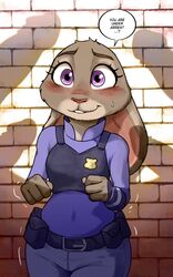 2021 8doubleu aitchdouble anthro blush bodily_fluids breasts clothing dialogue disney english_text female group hi_res imminent_rape judy_hopps lagomorph leporid mammal penis_shadow police_uniform purple_eyes rabbit solo solo_female solo_focus sweat sweatdrop text uniform zootopia