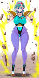 1girls armor aura bangs big_breasts blue-tinted_eyewear blue_eyes blue_hair body_change body_swap boots breasts bulma_briefs bulma_briefs_(frieza_saga) busty captain_ginyu choker cleavage collarbone dragon_ball dragon_ball_z ear_piercing earrings evil_grin evil_smile female female_focus female_only full_body ginyu_force_battle_armor grin hairband kinokoallstars large_breasts piercing powering_up scouter sharp_teeth short_hair sleeveless smile thighs tinted_eyewear voluptuous wearing_others_clothes