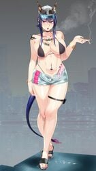 1girls areola_slip areolae arknights belly_piercing bikini blood_rouge blue_hair body_writing ch'en_(arknights) cigarette condom denim_shorts female_only high_heels long_hair queen_of_spades short_shorts smoking solo_female spade tattoo thigh_strap