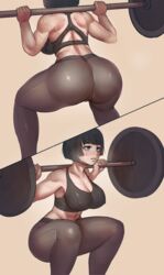1girls abs akane_tsunemori arc_system_works ass bent_over big_breasts black_hair blue_eyes blush bob_cut cleavage erect_nipples female female_only guilty_gear i-no large_ass muscular_female no_eyewear othicc otik short_hair solo sports_bra squatting sweat weightlifting yoga_pants