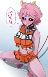 1girls black_sclera blush cheerleader cheerleader_uniform collar collar_ring female female_focus female_only femsub horns in_heat leash mina_ashido my_hero_academia panties pink_hair pink_skin pussy_juice pussy_juice_drip pussy_juice_drip_through_clothes pussy_juice_trail short_hair the_amazing_gambit yellow_eyes