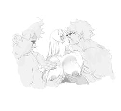 2boys absurdres bangs blush breast_grab breast_hold breast_massage breast_press breast_squeeze breasts fate/grand_order fate_(series) female french_kiss gebijiade_89 grabbing greyscale group_sex highres kissing large_breasts mmf_threesome monochrome multiple_boys sketch threesome tongue tongue_out