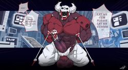 abs bara biceps black_eyes bodily_fluids bottomwear bound clothed clothing cum demon dialogue ejaculation genital_fluids genitals helltaker hi_res humanoid kalonezhno male male_only muscular muscular_humanoid muscular_male nipple_fetish nipple_piercing nipple_play nipples open_bottomwear open_clothing open_pants orgasm_denial pants pecs penis penis_on_butt piercing red_body saliva solo subject_67 subject_67_(helltaker) teeth underwear