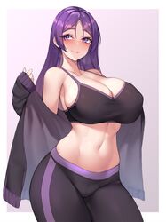 1girls 2021 armpit_crease armpits bare_shoulders belly_button big_breasts black_jacket black_tank_top black_yoga_pants blush breasts cleavage exposed_shoulders fate/grand_order fate_(series) female female_focus female_only gym_clothes hips hourglass_figure huge_breasts jacket jacket_removed kuavera large_breasts long_hair milf minamoto_no_raikou_(fate/grand_order) purple_eyes purple_hair simple_background slim_waist smile smiling solo solo_female sports_bra sweat tank_top thick thick_thighs thighs tight_clothing toned_female toned_stomach undressing visible_breath white_skin wide_hips workout_clothes yoga_pants