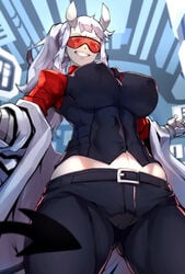 ass_visible_through_thighs azazel_(helltaker) bangs big_breasts curvy demon_girl demon_horns erect_nipples examtaker glasses goggles grin helltaker horns huge_breasts labcoat looking_at_viewer looking_down loremaster_(helltaker) midriff nipple_bulge nuezou ponytail red-tinted_eyewear sunglasses tinted_eyewear visor white_hair