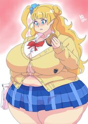 1girls belly big_breasts blonde_hair burger eating female fully_clothed galko hamburger huge_breasts huge_thighs kawaiidebu large_breasts obese obese_female oshiete!_galko-chan overweight overweight_female school_uniform solo thick_thighs wide_hips