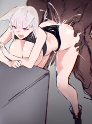 1boy 1girls ambiguous_penetration animal_ears bent_over cum cum_inside dark-skinned_male exposed_breasts grdrawww interracial open_mouth original pale-skinned_female panties pink_eyes shoes white_hair