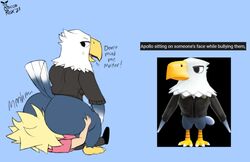 2021 3_toes accipitrid accipitriform anal animal_crossing anthro apollo_(animal_crossing) ass avian bald_eagle beak big_butt bird bird_feet black_eyes blue_background bottomless claws clothed clothing dated dialogue digital_media_(artwork) digitigrade duo eagle english_text facesitting feather_hands feathers feet flat_colors grey_body grey_feathers human human_on_anthro interspecies male male/male mammal multicolored_body multicolored_feathers nintendo open_mouth oral reference_image rimming roccorox scutes sea_eagle sex signature simple_background tail_feathers talons text toe_claws toes topwear vest video_games villager_(animal_crossing) white_body white_claws white_feathers yellow_beak