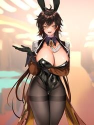 amber_eyes big_breasts bunny_ears bunnysuit genderswap_(mtf) genshin_impact gloves pantyhose rule_63 yavalley zhongli_(genshin_impact) zhongli_jiejie