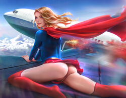 anus blonde_hair blue_eyes boots bottomless bottomless_skirt dc dc_comics demonlorddante kara_zor-el kryptonian looking_at_viewer pussy pussy_peek realistic shaved_pussy smiling smiling_at_viewer supergirl superman_(series) upskirt