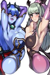 2demons 2girls armpits armwear astaroth_(shinrabanshou) bat_wings big_breasts black_leotard black_sclera blue_eyes blue_leotard blush breast_focus breast_to_breast breasts capcom clothing crossover darkstalkers demon demon_girl demon_horns demon_tail female female_only gloves green_eyes green_hair hands_behind_head head_wings huge_breasts large_breasts leggings leotard long_hair medium_breasts morrigan_aensland open_mouth purple_gloves purple_legwear shinrabanshou smile succubus succubus_costume succubus_wings volyz yellow_eyes