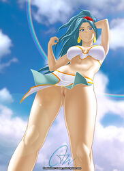 1girls aqua_hair arm_up belly belly_button blue_eyes blue_hair chrono_(series) chrono_trigger clouds dannysulca earrings female female_only lens_flare long_hair no_panties no_pubic_hair outdoors outside ponytail pussy rainbow schala_zeal shaved_pussy sky smile smirk smirking solo solo_female two_piece upskirt vagina