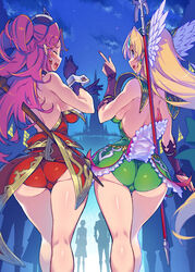 144_(riesztan) 2girls angela_(seiken_densetsu_3) angela_(trials_of_mana) ass back back_view blonde_hair blue_eyes castle elf_ears fully_clothed gloves green_dress laughing legs multiple_boys nails night panties pendant pointy_ears purple_hair red_dress riesz seiken_densetsu_3 sideboob spear teenage_girl teenager thick_thighs thighs trials_of_mana underwear winged_helmet