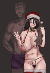 1boy 1girls big_breasts big_penis breast_grab bulge christmas dark-skinned_male dark_skin enari female interracial large_breasts looking_at_viewer male santa_hat