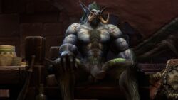 bed green_hair large_penis male sitting sitting_on_bed troll troll_male warcraft world_of_warcraft zalaashi