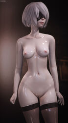 1girls 3d android blindfold breasts emotionless expressionless female female_only glossy lipstick mostly_nude naked nier nier:_automata nier_(series) nipples nude nude_female pussy robot robot_girl short_hair solo stevencarson thighhighs vagina white_hair white_skin yorha_2b