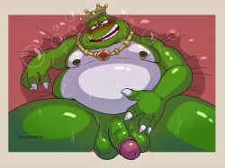 1boy 2026 4_fingers amphibian anthro balls belly big_belly blue_eyes blush bodily_fluids crown dober fat fat_belly fat_male fingers frog furry furry_male furry_only genitals green_body headgear hi_res humanoid_genitalia humanoid_hands humanoid_penis king lying male male_nipples male_only mario_(series) moobs nintendo nipples obese obese_male open_mouth overweight overweight_male penis royalty solo solo_focus solo_male super_mario_bros._2 super_mario_galaxy_(2026_film) sweat wart_(mario)