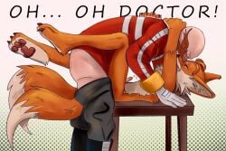2boys aged_up alri anal anal_sex anthro bald bald_male bite_mark black_pants canid canine claws clothed_male_nude_male clothing dialogue dr._eggman duo eggman facial_hair feet fox fur furry furry_male gay gay_sex gloves human human_male human_on_anthro interspecies jacket legs_around_waist legs_up light-skinned_male light_skin lying_on_back male male/male male_only mammal mature mature_anthro mature_male miles_prower mustache nude orange_fur pants pants_down penis pixelflare red_jacket sega sex sonic_(series) sonic_the_hedgehog_(series) table tail tails tails_the_fox text white_gloves yaoi