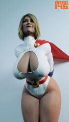 1girls 3d 9:16 amac145 artist_logo big_breasts blonde_hair blue_gloves boob_window boobs breasts cape cleavage cleavage_cutout dc dc_comics female_kryptonian female_only gloves huge_breasts injustice_2 kara_zor-l karen_starr keyhole large_breasts leaning_forward leotard meme meme_reference power_girl power_girl_cosplay_pose_(missfaves) red_cape rigid3d_(model) short_hair smile source_request superman_(series) thick_thighs thighs white_leotard