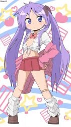 1girl bambi2000line bandaid blush bow commentary_request highres hiiragi_kagami looking_at_viewer lucky_star pink_bow purple_hair red_skirt skirt solo stomach sweatdrop tsurime twintails