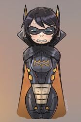 cassandra_cain brellom dc_comics orphan_(dc) batman_(series) 2010s 2018 batgirl batgirl_(cassandra_cain) light-skinned_girl female blue_eyes superheroine leather leather_clothing eye_mask masked_female superhero_costume skin_tight short_hair black_hair cape utility_belt hands_tied bondage sweating angry wide_hips gritting_teeth blushing artist_signature