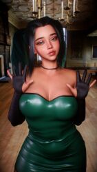 crashbanditkut self_upload 2026 hi_res highres high_resolution 3d 4k virtamate virt-a-mate depth_of_field chromatic_aberration pinup original original_character human female 1girls 1girl straight solo solo_focus solo_female hair long_hair twintails green_eyes green_hair dark_hair eyebrows eyelashes long_eyelashes eyeshadow lips makeup mascara light_skin light-skinned_female breasts big_breasts thighs standing looking_at_viewer piercing ring_piercing earrings young young_female teenager teenage_girl thick_thighs thick thick_lips big_lips plump clothing clothed freckles freckles_on_face thick_eyebrows dress gloves hallway detailed_background background nipple_bulge half-closed_eyes