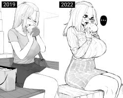 bangs_pinned_back breasts burger curvy eating glasses hair_pulled_back highres huge_breasts inne_sulistya_robin large_breasts norman_maggot progression ribbed_sweater skirt sweater thighs third-party_edit timeskip weight_gain