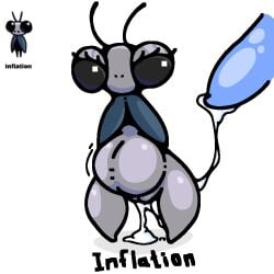 anthro arthropod biped bodily_fluids cum cum_in_vagina cum_inflation cum_inside disembodied_penis erection female genital_fluids genitals grey_body hollow_knight_(franchise) humor inflation insect penis screencap shay_the_bunny simple_background sly_(hollow_knight) solo team_cherry vulva