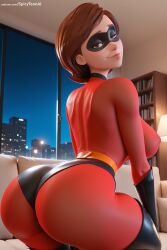 1girl ai_generated ass bodysuit breasts brown_eyes brown_hair covered_nipples disney domino_mask elastigirl helen_parr hi_res high_quality high_resolution latex lips looking_at_viewer looking_back mask patreon patreon_username seductive sexy short_hair smile solo spicytoonai superhero the_incredibles thighhighs uncensored watermark