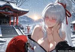 1girl ai_assisted ai_generated architecture bangs bare_shoulders blush breasts bridge cleavage collarbone curvaceous curvy curvy_female curvy_figure east_asian_architecture eyebrows_visible_through_hair female fujiwara_no_mokou hiyuki_(wuthering_waves) japanese_clothes kimono large_breasts long_hair looking_at_viewer lying mature_female miyuai mountain obi off_shoulder out_of_frame outdoors ponytail railing red_eyes silver_hair snow snowing solo_focus thick thick_ass thick_butt thick_hips thick_legs thick_thighs touhou tree voluptuous voluptuous_female wide_hips wide_thighs winter wuthering_waves