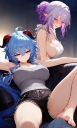 ganyu_(genshin_impact) castorice_(honkai:_star_rail) honkai:_star_rail genshin_impact 2girls 2girls1boy pov pov_male pov_crotch foot_fetish bulge bulge_through_clothing smirk smirking smirking_at_viewer milf milfs tank_top dolphin_shorts apron apron_only sideboob bun_hair ai_generated impacter
