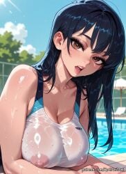 1girl 2026 ai_generated anime anna_yamada bangs bare_shoulders black_hair blue_sky blush boku_no_kokoro_no_yabai_yatsu boobs breasts brown_eyes cleavage cloud collarbone competition_swimsuit covered_nipples crossover day exposed_nipples eye_contact eyelashes female female_focus flushed highres huge_breasts large_breasts lips long_hair looking_at_viewer moaning nipples nsfw one-piece_swimsuit open_mouth outdoors patreon patreon_username pool poolside rognezart see-through sky solo swimsuit teeth upper_body very_long_hair watermark web_address wet wet_clothes yamada_anna