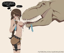 2019 aurora-zone belt breast_lick breasts brown_hair clothing digital_media_(artwork) dinosaur duo english_text female female/ambiguous feral hair handwear hi_res human lara_croft lara_croft_(classic) licking nipples reptile saliva scared sharp_teeth simple_background smaller_female t-rex teeth text theropod thought_bubble tomb_raider tongue tongue_out torn_clothing tyrannosaurus tyrannosaurus_rex uncomfortable white_body