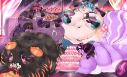 absurd_res anthro belly beverage big_belly big_breasts black_body black_fur black_hair blue_body blue_eyes blue_fur blue_hair blue_nipples blue_pubes blush breasts cake cookie dairy_products dark_nipples dessert domestic_cat eating feeding felid feline felis female floating_hands food fur ghost green_eyes grey_body grey_fur group hair hi_res hyena lion lionberrymochi lips mammal mephitid milkshake morbidly_obese morbidly_obese_anthro morbidly_obese_female musk night nipple_piercing nipples nude obese obese_anthro obese_female orange_hair orange_nipples overweight overweight_anthro overweight_female pantherine piercing pink_body pink_fur pubes purple_body purple_fur purple_nipples red_hair skunk spirit sweets taiga_nakayama thick_lips thick_thighs whipped_cream whipped_cream_can white_body white_fur