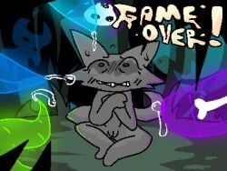 anthro blush blushing_profusely bodily_fluids bone cat_(jtlavaman) domestic_cat dungeon_mauler felid feline felis female forest_background game_over gameplay_mechanics gangbang genital_fluids genitals ghost glowing glowing_genitalia group group_sex imminent_sex jtlavaman low_res male male/female mammal panicking precum precum_squirt questionable_consent sex sitting skeleton spirit surrounded surrounded_by_penises sweat tendrils