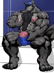 1boy 2020 5_fingers 5_toes anthro balls_outline baseball_cap beard big_bulge big_muscles big_penis black_claws black_fur black_hair black_nose blue_underwear body_hair bulge canid canine canis chest_hair claws clothing coach_mika facial_hair feet fingers fur genital_outline genitals hair happy_trail hat headgear headwear hi_res huge_bulge huge_cock huge_muscles humanoid_genitalia humanoid_penis jockstrap male male_only mammal masterelrest muscular muscular_anthro muscular_male nipples penis penis_outline pink_nipples pink_penis pubes sitting solo toes underwear vein veiny_muscles veiny_penis wolf yellow_eyes