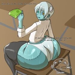 da_ra_ra_ra 1boy 1boys 1femboy male male_only femboy femboy_only solo solo_male solo_femboy zombie stitches stitched_face stitched_body blue_skin heterochromia asymmetrical_eyes bolt_on_head short_hair sitting_on_desk crossdressing thighhighs thigh_highs big_thighs large_thighs huge_thighs visible_underwear visible_panties white_panties panties bully bribe bribing looking_at_viewer looking_back talking_to_viewer dialogue dialog english_text threatening threat threatening_viewer ass ass_focus ass_bigger_than_head ass_bigger_than_torso big_ass large_ass huge_ass male_ass femboy_ass big_ass_(male) butt butt_focus butt_bigger_than_head butt_bigger_than_torso big_butt large_butt huge_butt male_butt femboy_butt alternate_version_available alternate_version_at_source no_skirt sweaty_ass sweaty_butt ass_sweat butt_sweat
