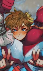 biceps blonde_hair blue_eyes blush breath_of_the_wild flexing flexing_bicep gay gay_male link link_(breath_of_the_wild) mochiboni muscles muscular muscular_arms muscular_male peace_sign pointy_ears prince_sidon sidon sidon_(zelda) smile the_legend_of_zelda yaoi