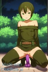 1girls ai_generated bare_shoulders belt blunt_bangs breasts bush cleavage collarbone detached_sleeves dildo dildo_riding dress female full_body huge_dildo imminent_penetration kino kino_no_tabi lipstick long_sleeves looking_at_viewer makeup medium_breasts night no_panties off-shoulder_dress outdoors pleated_dress pussy sex_toy shoes smile solo spread_legs strapless strapless_dress tagme thighhighs video